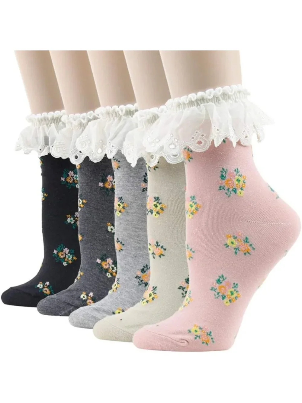 Colorful Floral Lace Ruffle Ankle Socks - Fun Casual Cotton 4/5/6 Pairs